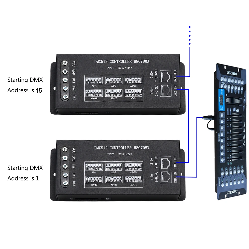 H807DMX DMX512 Controller DMX SPI Decode 1024 pixels RGB Controller 14 Channels DMX Controller For WS2812 WS2813 DMX Stage Light