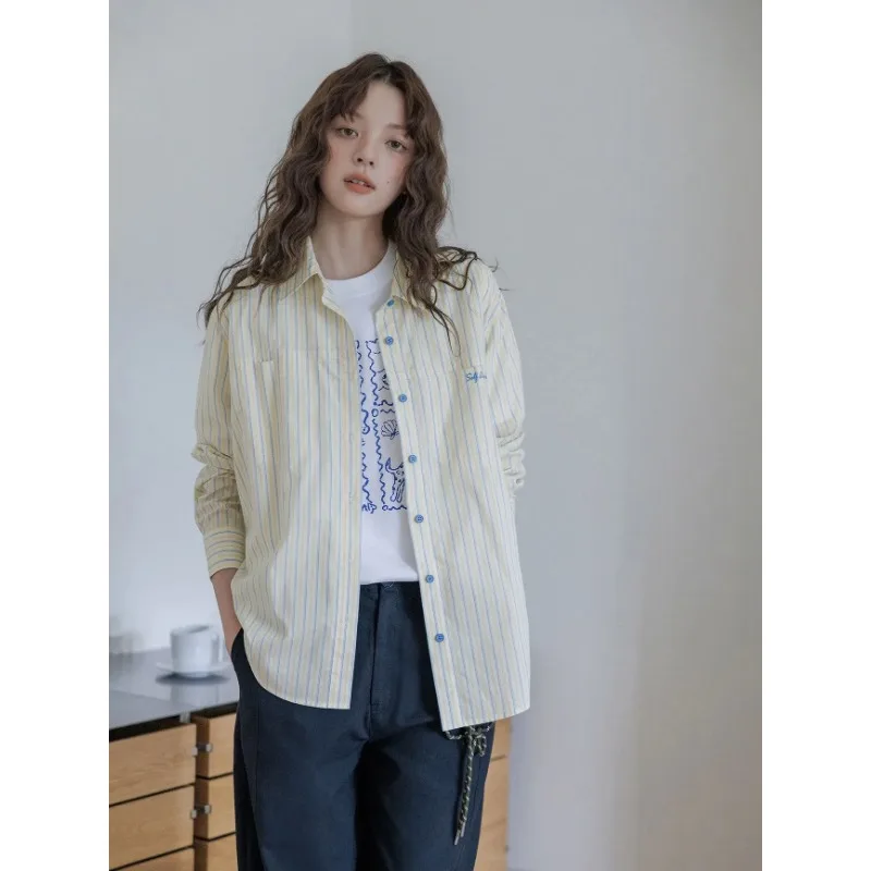 

Women's Yellow Blue Striped Button Down Shirt, Long Sleeve Casual Blouse with Pocket