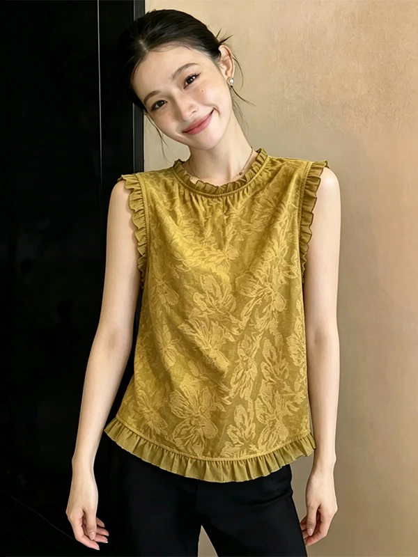 

Fashionable round Neck Sleeveless Shirt Women's Summer 2026 New Design Wooden Bordered Casual Style Loose Fit Top
