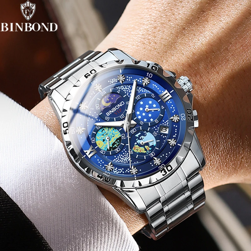 BINBOND Men\'s Watches Classic Fashion Original Qrartz Watch for Man Waterproof Luminous Starry Night Glow Dial Moon Phase Date