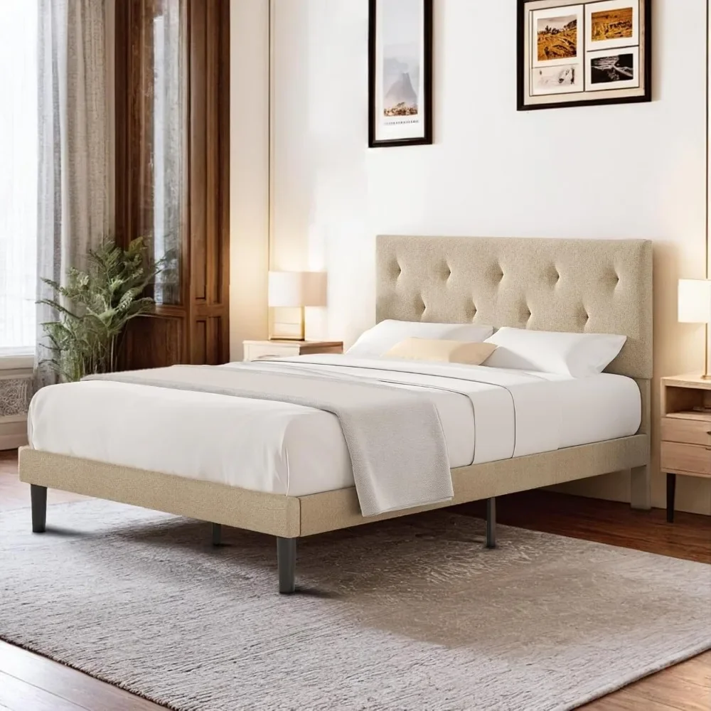 

Bed Frame Upholstered Platform Bed with Headboard, Tufted Bed Frame with Wooden Slats, Fully Upholstered Mattress Foundation