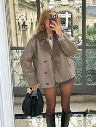 Light Brown Lapel Lamb Woolen Woman Short Coat Fashion Solid Color Single Breasted Full Sleeve Jacket Autumn Commuter Outerwear