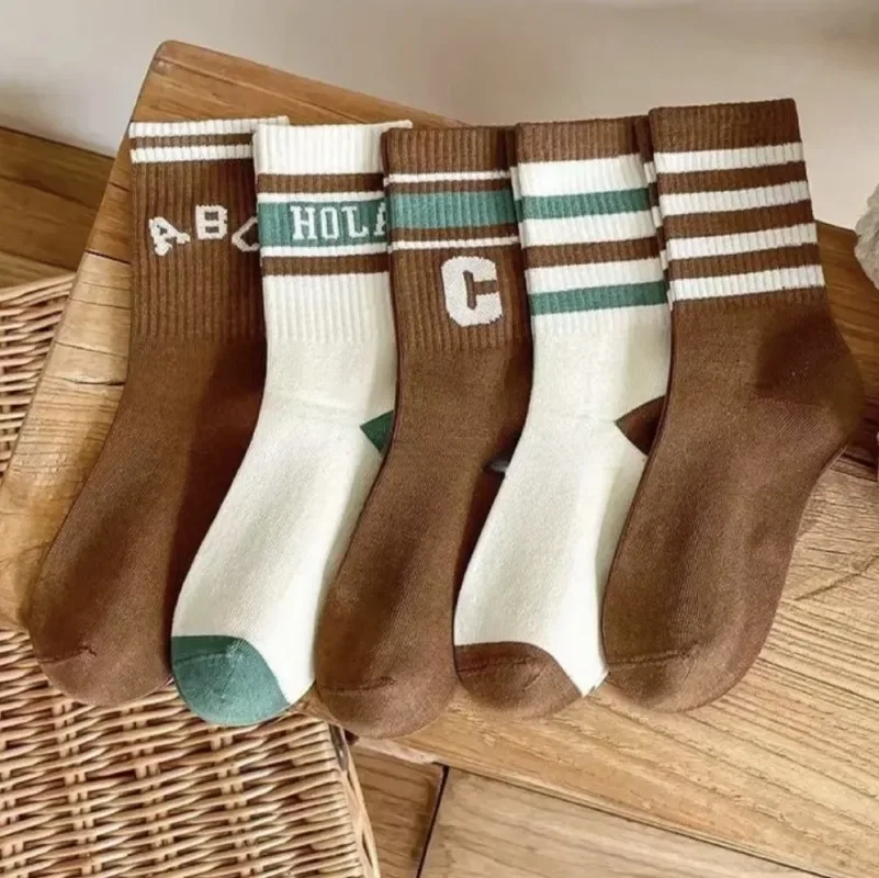 5 Pair/set Sporty Autumn Kids Boy Girl Sock Chic Korean Coffee Beige Color Letter Sock Autumn Spring Soft Cotton School Sock