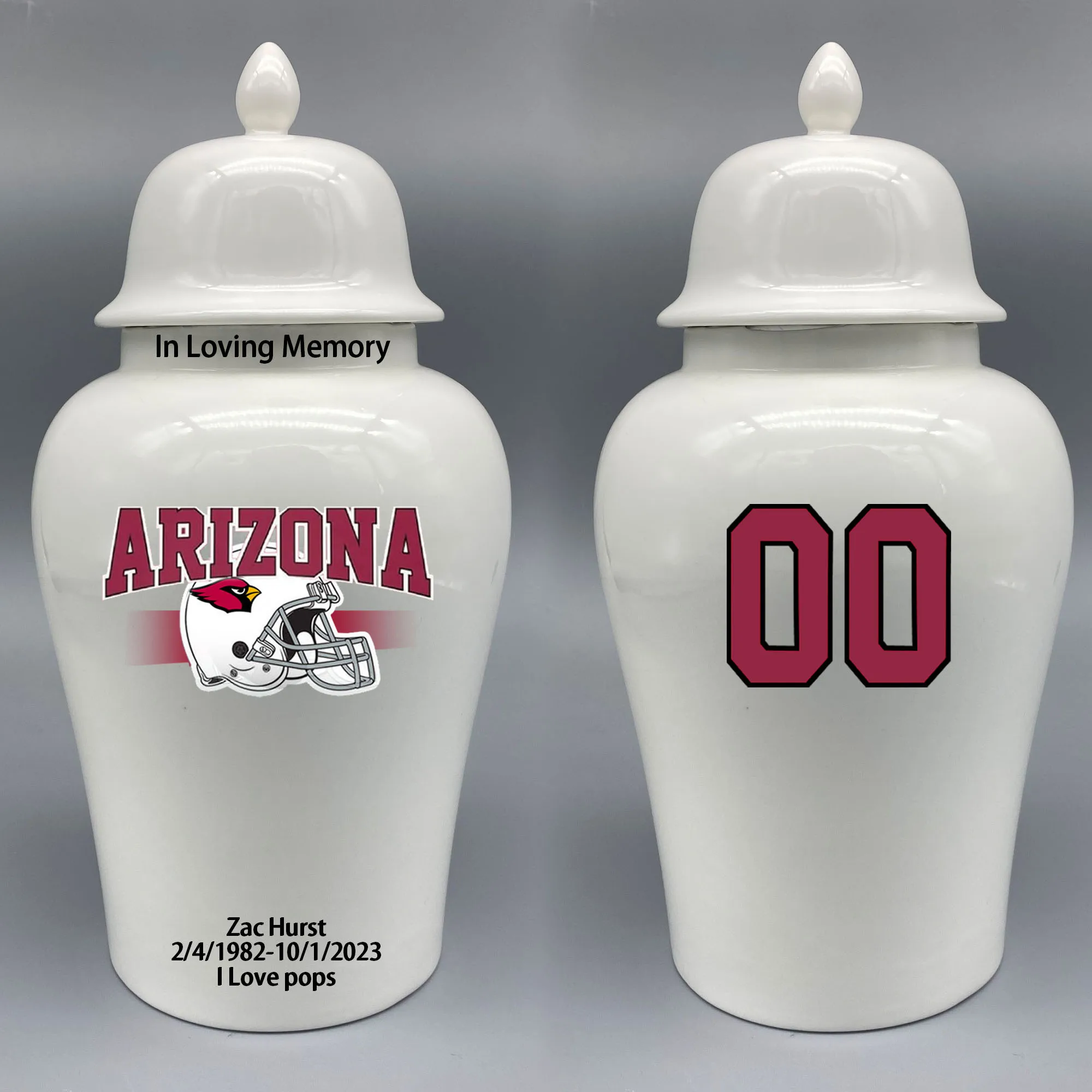 

Large Urn for Arizona Cardinals-themed Logo Urn.Please send me the customize information-name/date and number on the urn