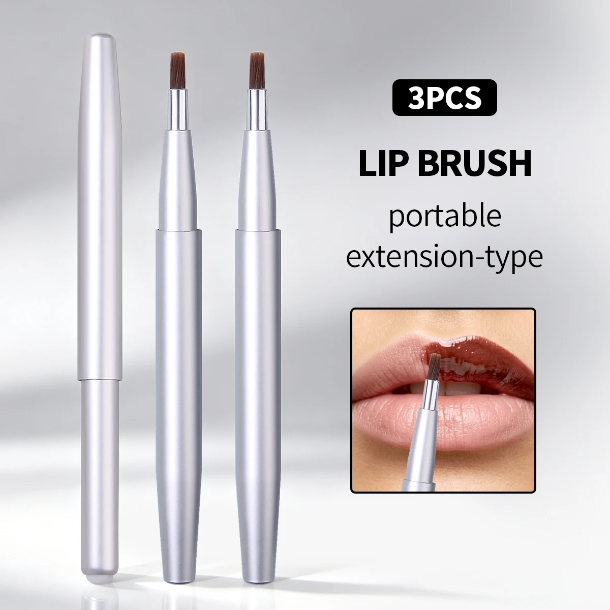 3PCS Retractable Lip Brush Set, Matte Silver Aluminum,Telescopic Design,For Precise Lip Lining&Gloss Blending,Pocket-Friendly
