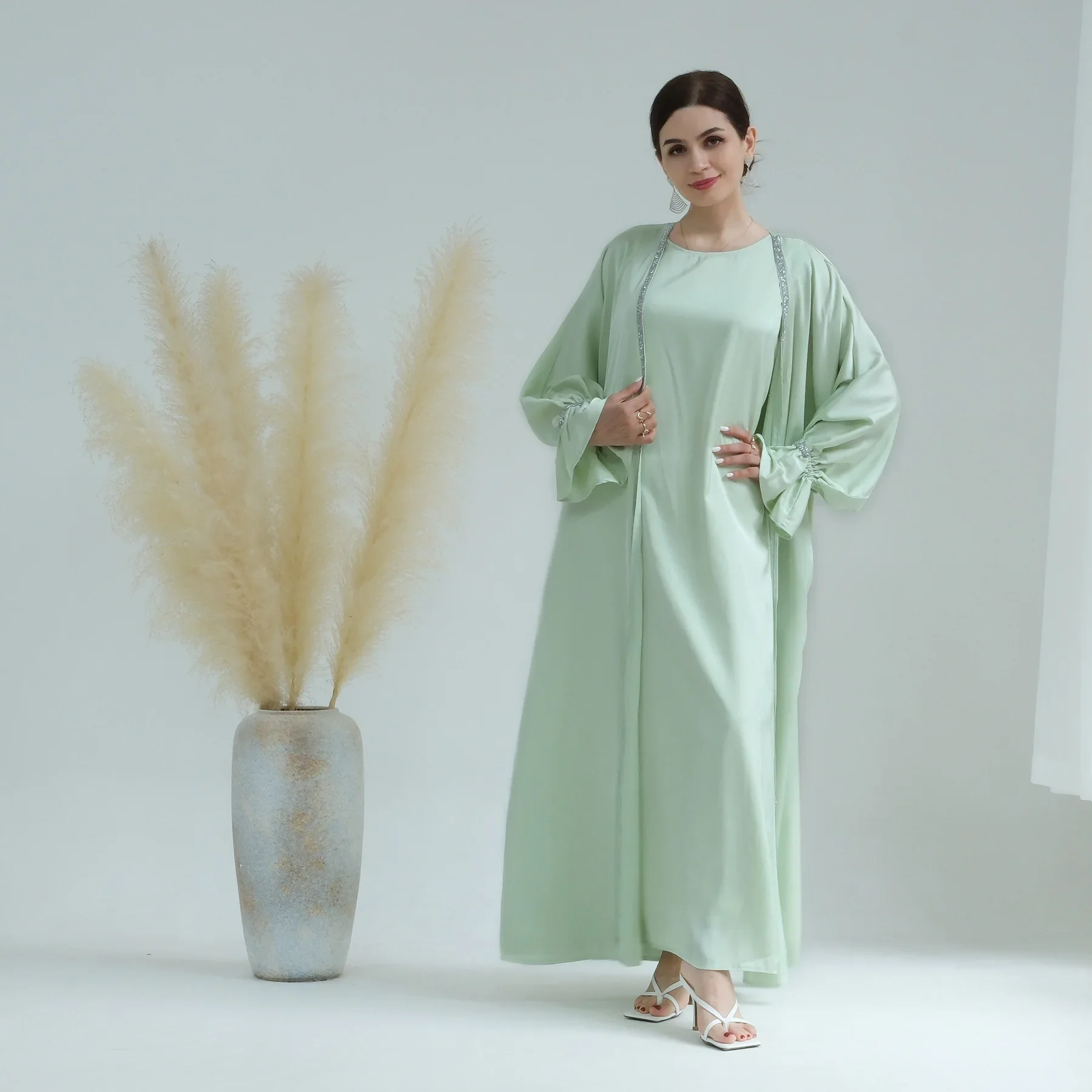 

Комплект из 2 предметов, роскошная открытая абайя и платье с бриллиантами зеленого цвета, праздничная одежда Рамадан, скромная одежда, кафтан