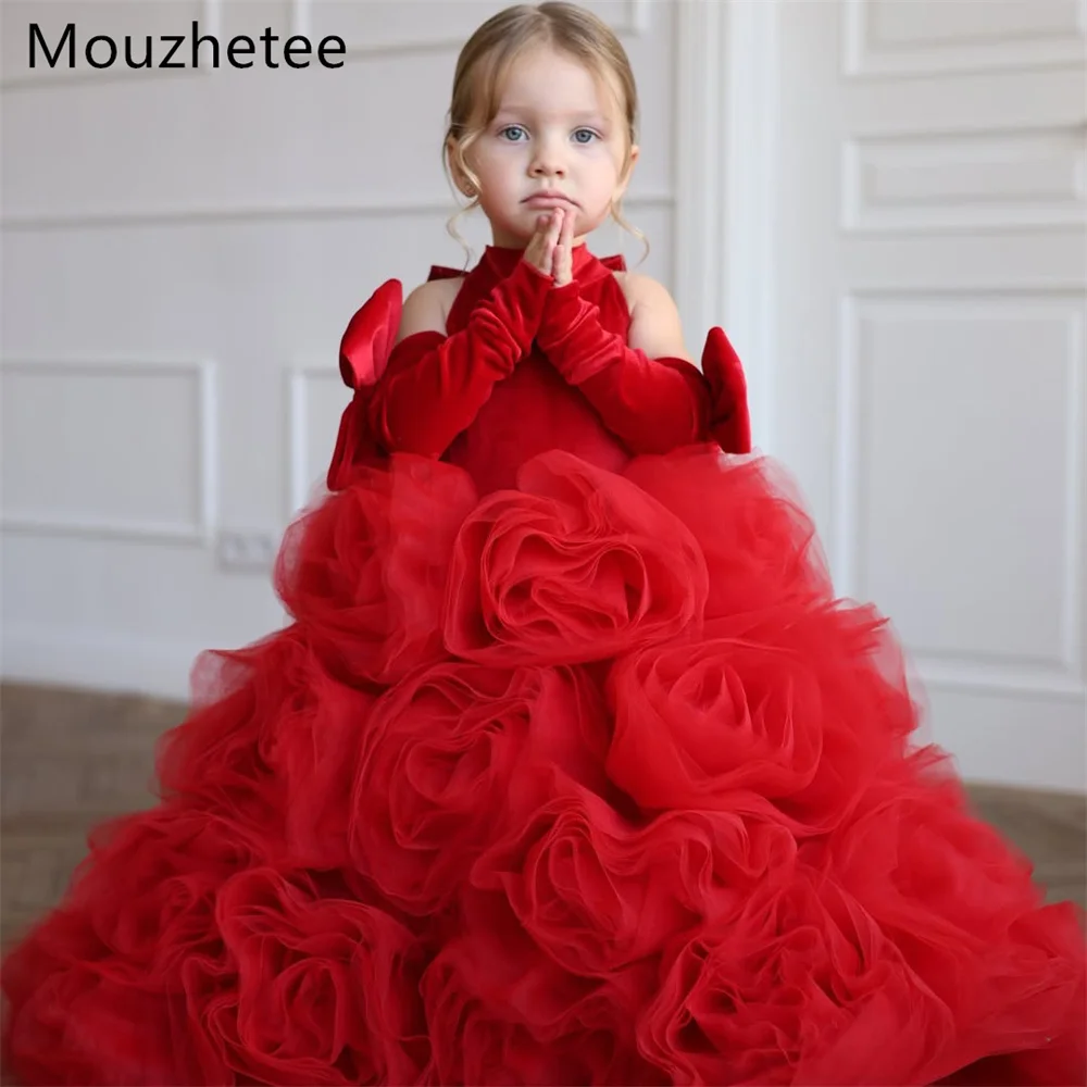 

Mouzhetee A-Line Princess Bow Flowers Girl Dresses Wedding Party Dress for Kids Flowers Girls O-Neck Prom Gowns Custom Made