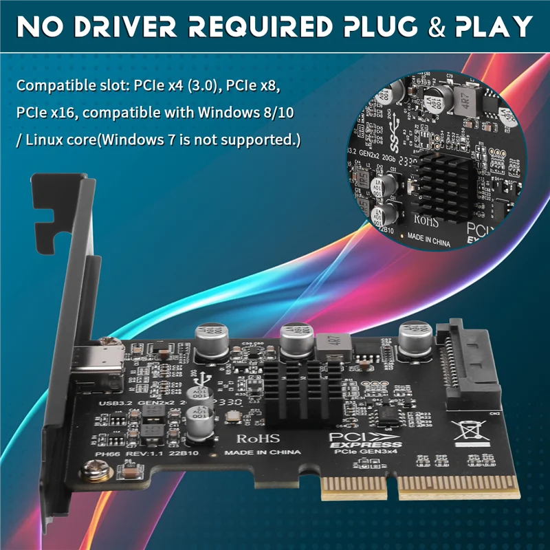 

Карта AED7-USB PCIE типа C PCI-Express 4X к USB 3.2 Gen 2X2 (20 Гбит/с) Набор микросхем ASM3242 для Windows 8/10/Linux