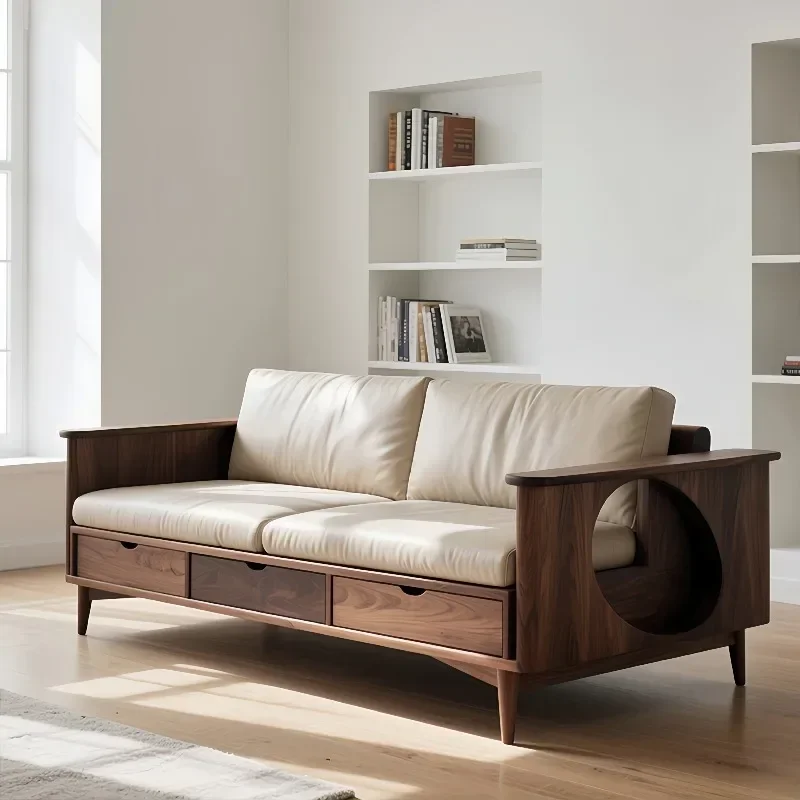 Medieval Style Solid Wood Sofa Black Walnut Living Room Villa Modern Minimalist Storage Sofa