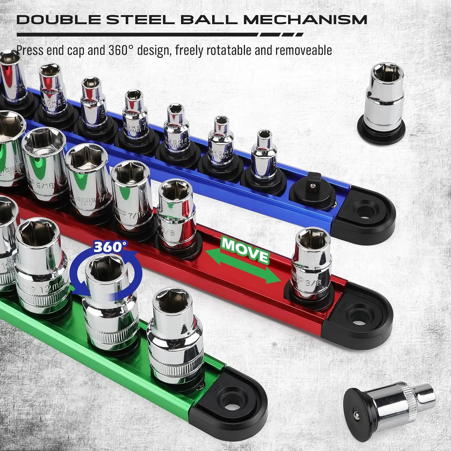 Magnetic Socket Holder Organizer Set: 9pcs Detachable 1/4, 3/8, 1/2 Socket Trays Socket Organizer for Tool Box Drawer Holds 120pcs Standard Size Sockets for Automotive Garage(Blue Red Green)