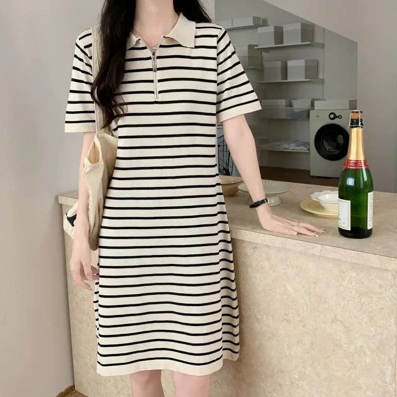 Women Summer Classic Striped Dresses New Lady Office Knitted Dress Workwear Preppy Style Clothes Short Sleeve Cottagecore Dress