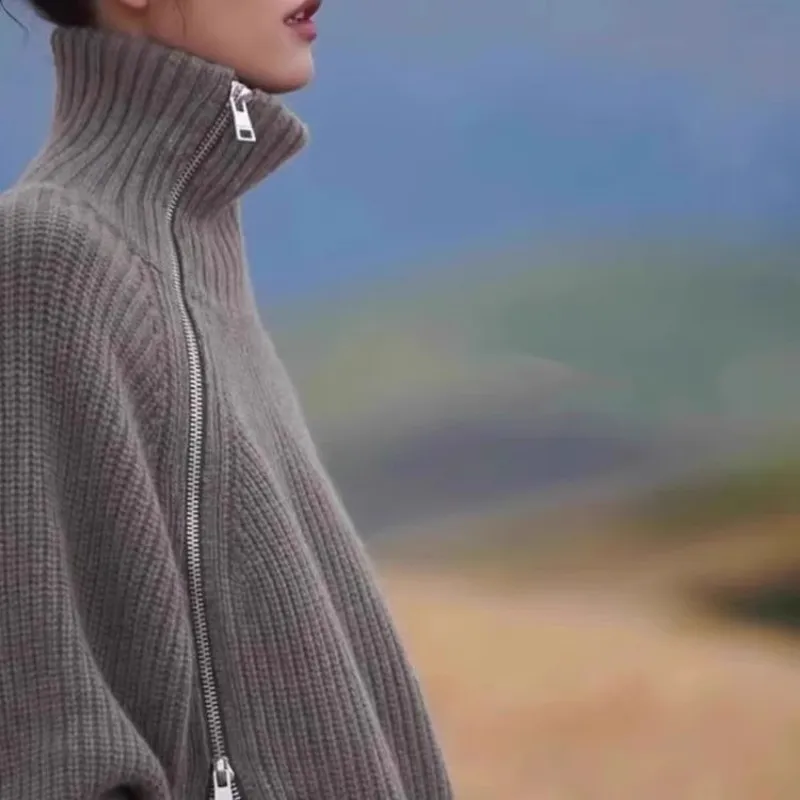 2025 Autumn/Winter New Women's High-Neck 100%Cashmere Sweater with Side Zipper Loose Wool Knit Thick Sweater