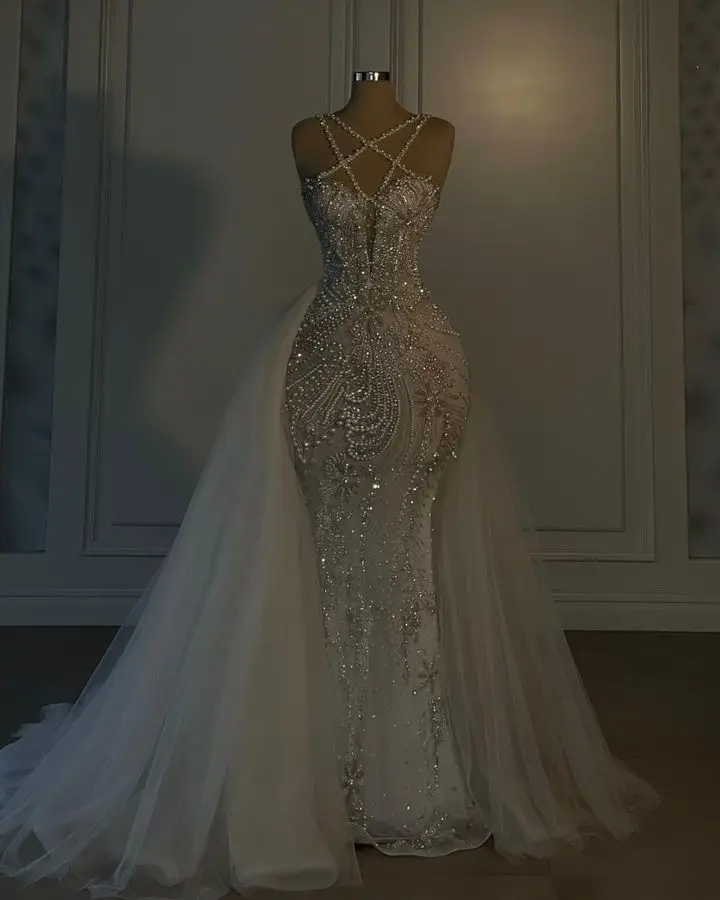 Vestidos de novia de lujo con falda de desmontaje, correa de espagueti, cuentas de piedra de cristal, vestidos de novia de sirena, vestidos de