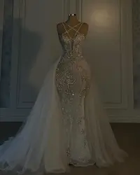 Robe de Mariée de Luxe avec Jupe de Démontage, Bretelles Spaghetti, Pierre de Clip, Perles, Patients, Sirène, ixde Mariage