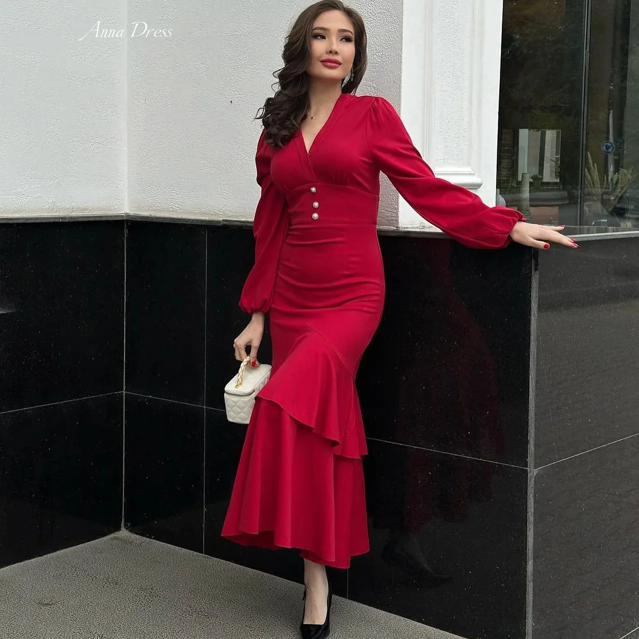 

Anna V-neck Luxurious Women's Evening Dresses 2024 Women Evening Dress Saudi Arabia Formal Dresses Woman Claret Buttons Party