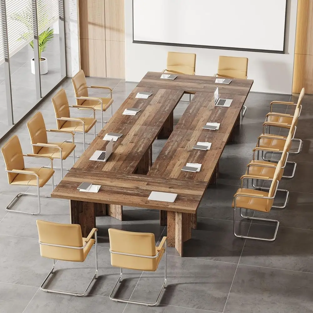 

Большой деревянный конференц-стол на 10-12 человек в стиле рустик, коричневый, с эффектом состаривания (комплект из 6 предметов)