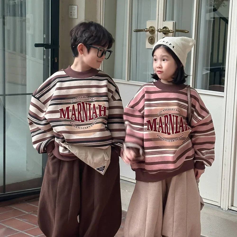 2024 Winter Children's Korean Edition Letter Striped Velvet Hoodie Single Piece