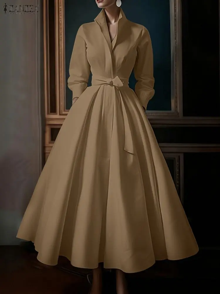 ZANZEA Herbst Mode Revers Hals Langarm Party Kleid Frauen Kleider 2025, Elegante Solide EINE Linie Taille Sommerkleid Belted Robe