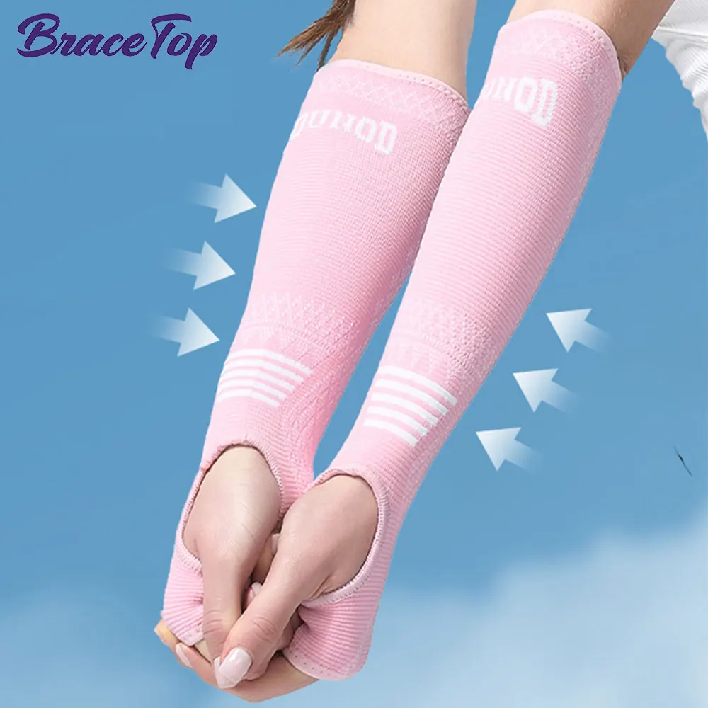 

1 Pair Outdoor Sports Sleeve Arm, Fingerless Gloves for Women Knit Thigh High Striped Arm Warmer Thumb Hole Stretchy Gloves