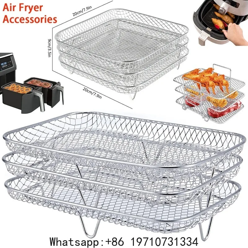 Rejilla apilable de 3 niveles para freidora de aire, de acero inoxidable, para horno, grill, vaporera, utensilios de cocina