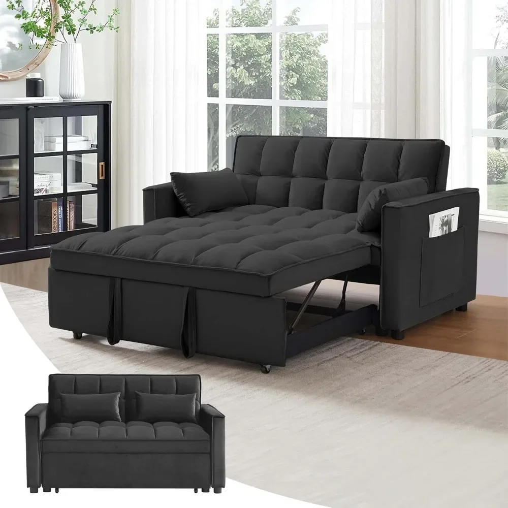 

3-in-1 Sofa Bed, 52.75" Pull-Out Sleeper Sofa Bed with 3-Level Adjustable Backrest, Black Velvet Fabric Loveseat Sleeper Couch