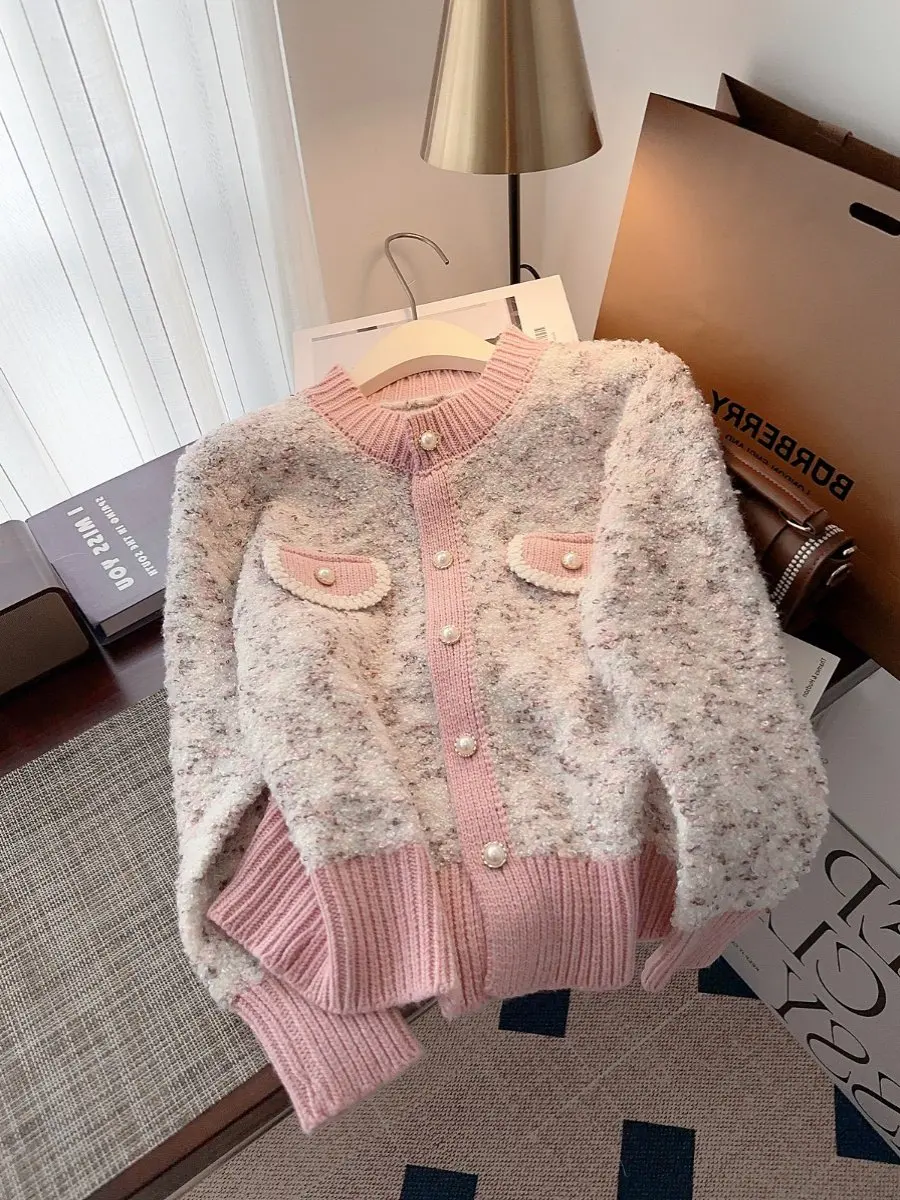 

Elegant Cropped Knit Cardigan Women Chic Sweet Button Small Fragrance Sweater Autumn Winter Casual Office Lady Long Sleeve Tops