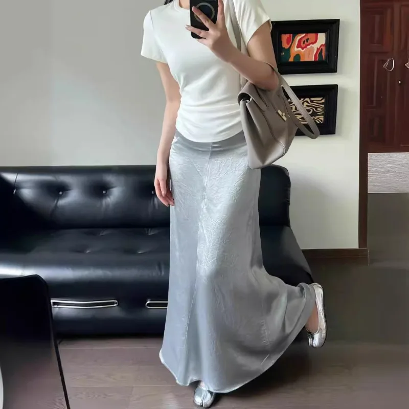 

2024 New Micro-pleated Textured High-waisted Slim Skirt Acetate Mid-length Skirt