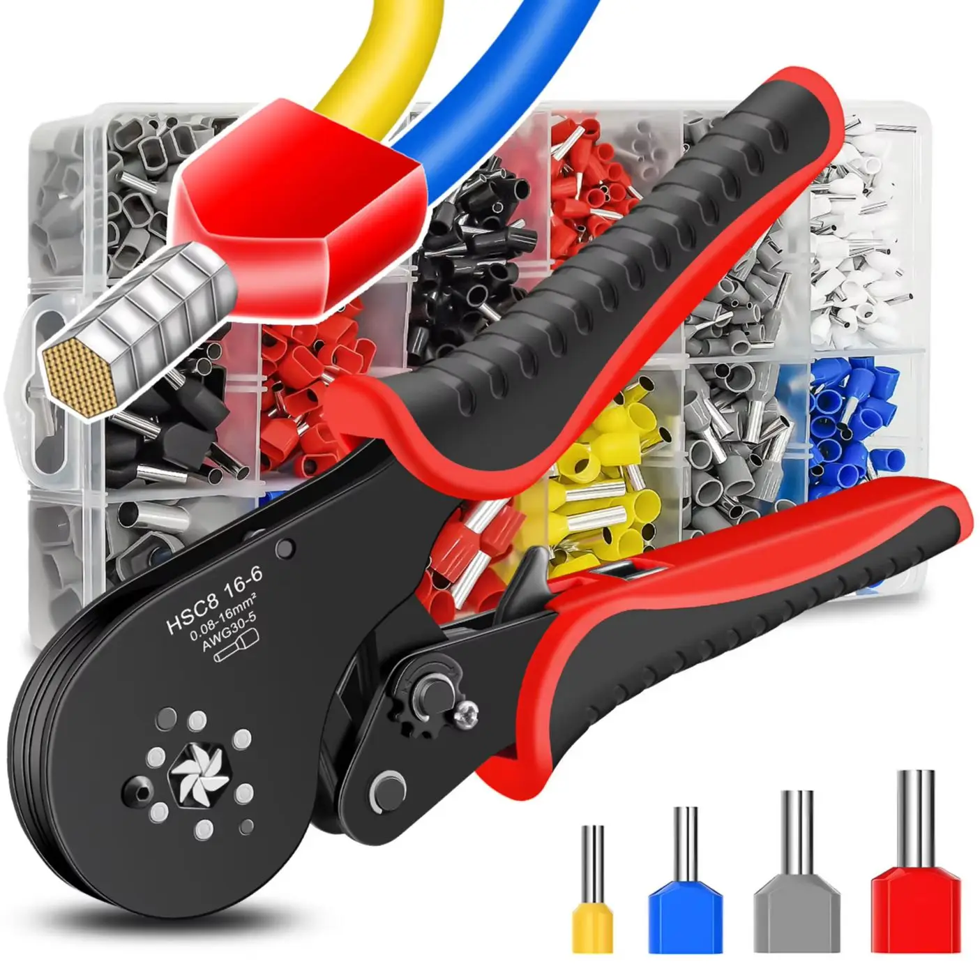 

Ferrule Crimping Tool Kit Hexagonal Crimping Pliers Range 0.08-16mm² / AWG30-5 with Tube Terminal Wire Ferrules Connectors