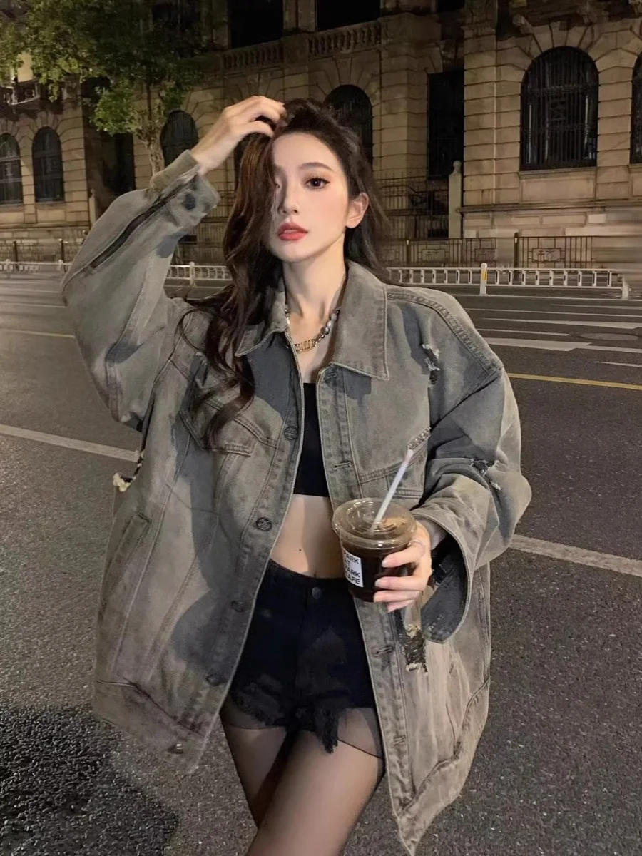 레트로 오버사이즈 데님 재킷 남성용 루즈핏 워싱 디스트레스드 캐주얼 아우터웨어 롱 슬리브 청년 트렌드 가을 의류