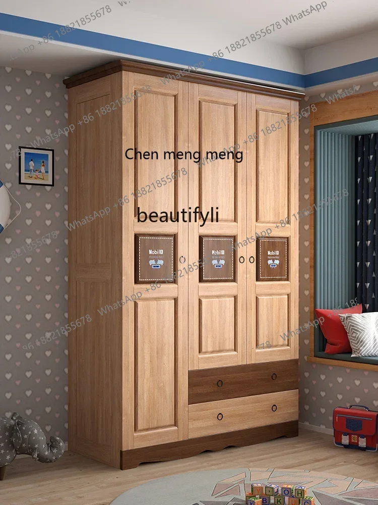 

E1001 ss American Youth Wood Wax Oil Solid Wood Wardrobe 3 Door Cabinet Boy Wardrobe Home Storage Cabinet