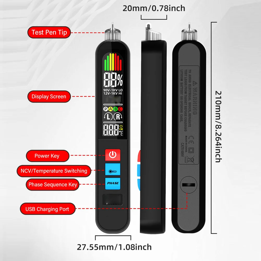 AVX1 Non-Contact Voltage Tester Rechargeable 400mAh Battery Three-Phase Rotation L/R Indicator 0-40C Operating Temp