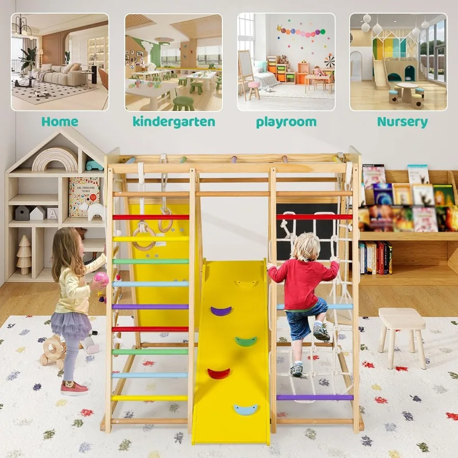 Giocattoli da arrampicata in legno per bambini 10 in 1, palestra nella giungla per bambini con tavolo da disegno, scivolo, arrampicata su roccia e rete, scala, barre scimmie, altalena, G