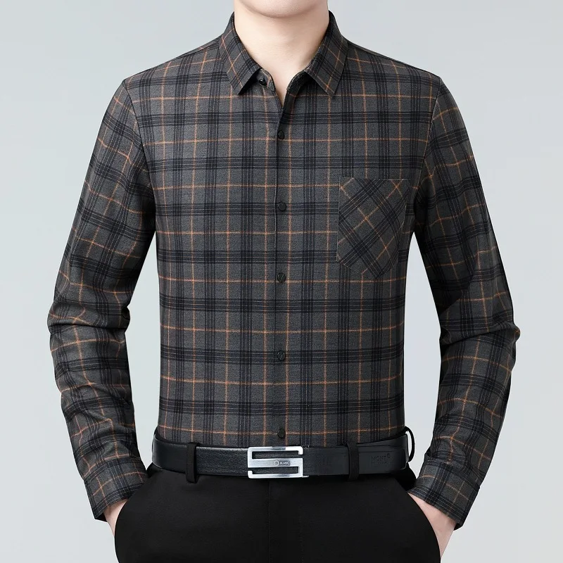 

Long-sleeved Shirt Men's Autumn Business Casual Plaid Pocket Shirt