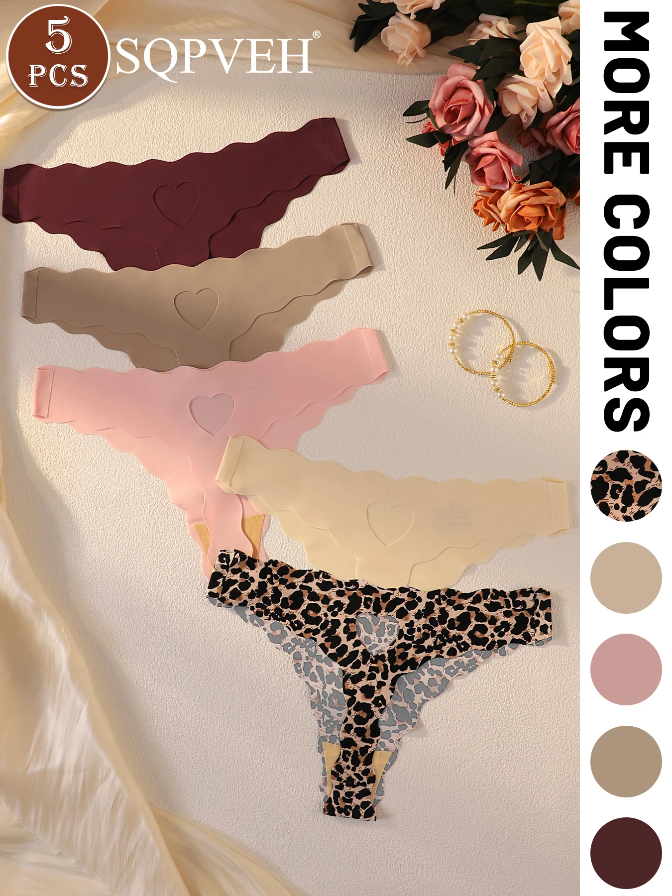 5 PCS Ladies No‑Show Seamless Thongs Wavy Trim Heart Hollow Leopard Pattern Soft Stretch Women Underwear Panties