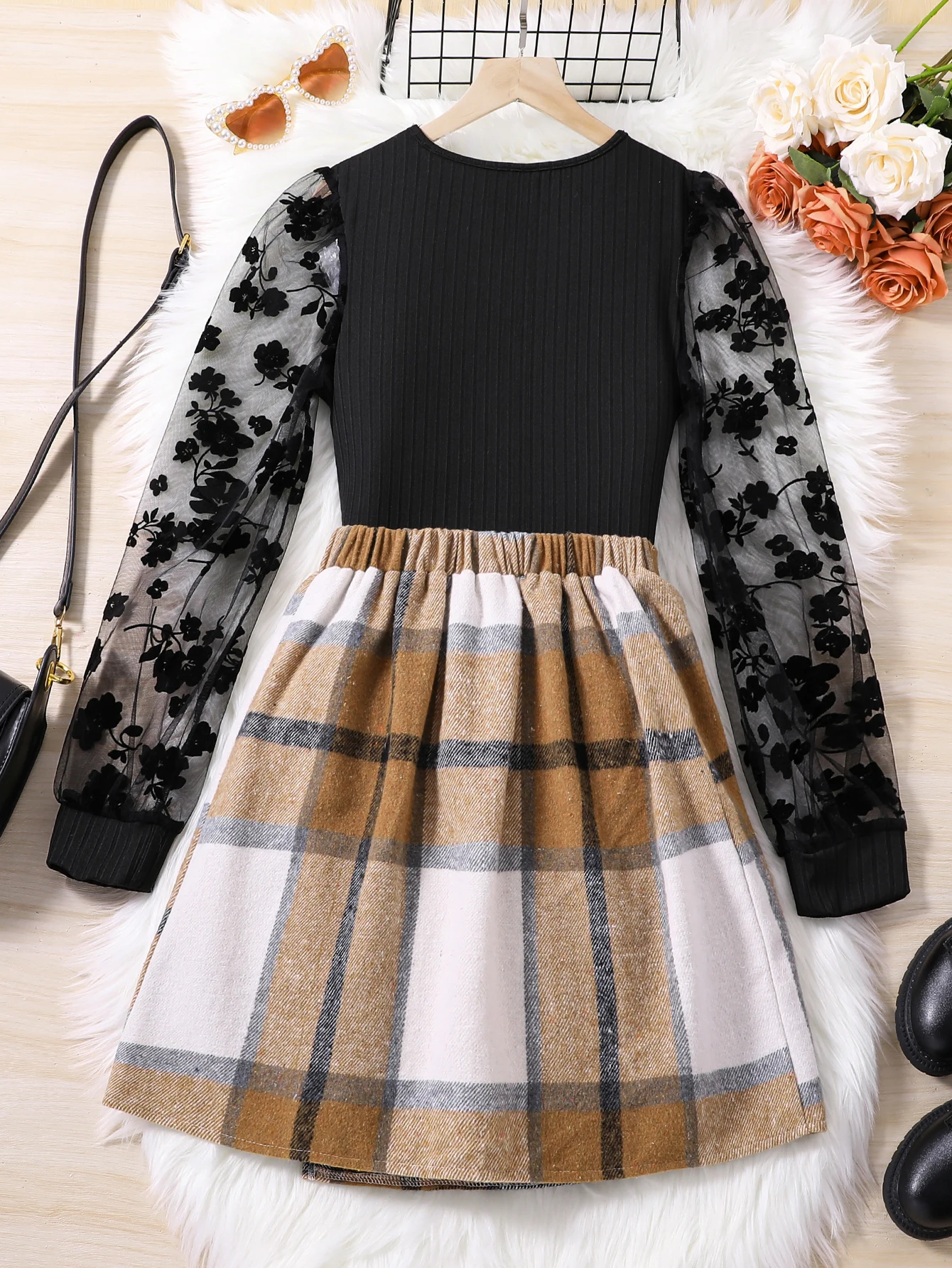 Fashion Two-Piece Young Girls Mesh Splicing Flocking Long Sleeve Knitting Solid Color Top Irregular Plaid Skirt Set