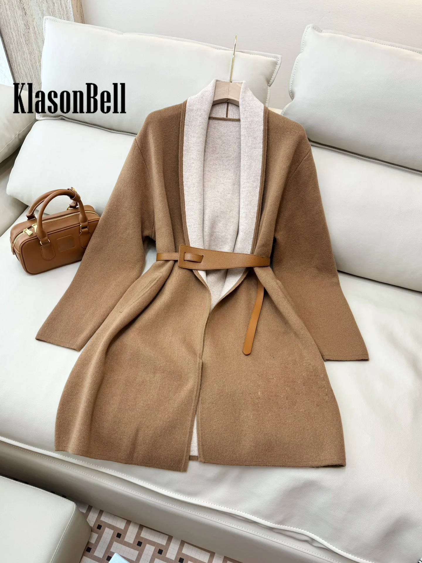 9.4 KlasonBell Women Classic Double-Suede Patchwork Color Lapel Collar Wool Knit Cardigan With Leather Belt Long Sleeve Coat