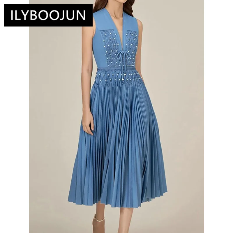 ILYBOOJUN Women\'s Fashion Dress V-neck Sleeveless Pleated Pearl Denim High Waist Female Elegant Dresses Summer 2024 New