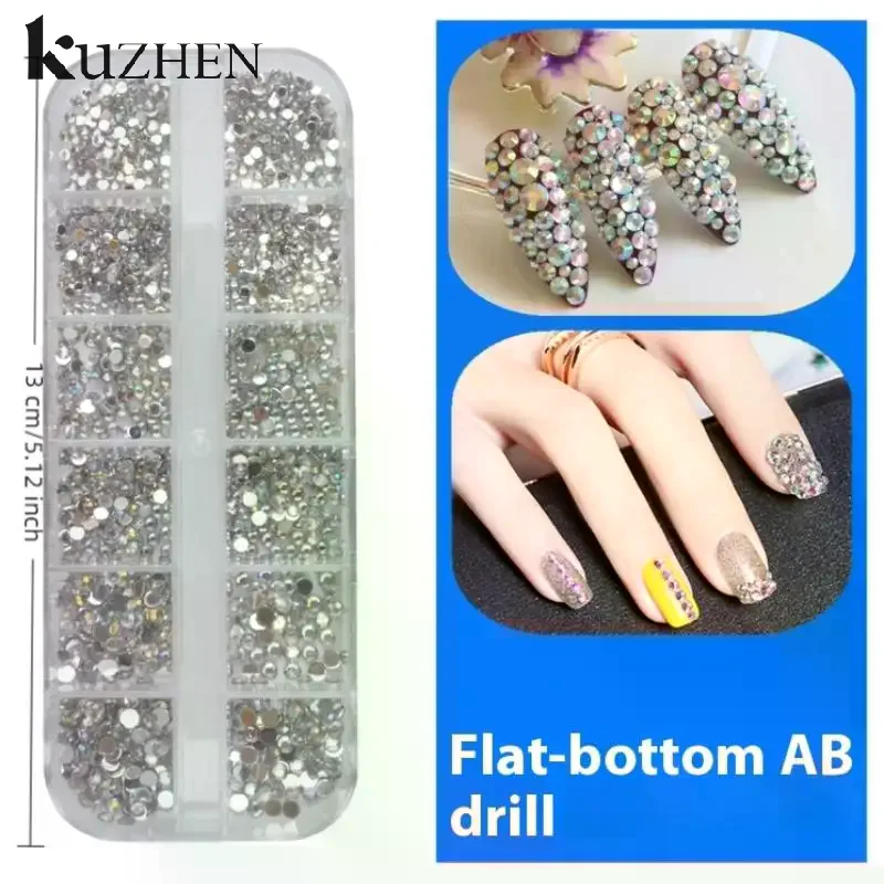 Boîte de 12 grilles pour Nail Art, mélange de perles en strass, cristal AB, bijoux à dos plat, gemmes avec organisateur de rangement pour Nail Art multicolore