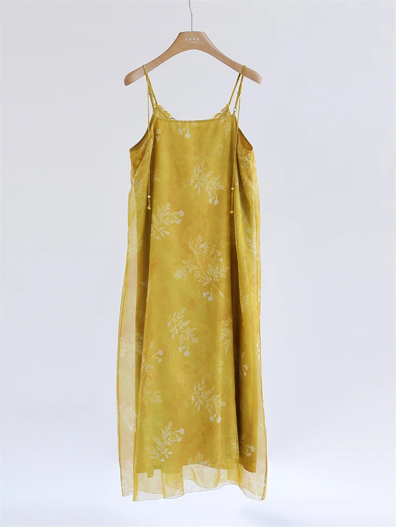 

Chinese Style Silk Chiffon Print Dress V-Neck Loose A-Line Summer Gown Fayinyoo Flower Shadow Fairy Skirt for Women