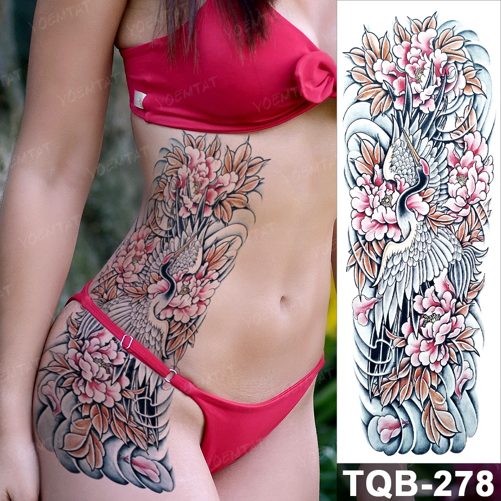 Large Full Arm Sleeves Phoenix Peony Crane Waterproof Temporary Tattoo Sticker Chinese Style Fake Tatoo Men Women Body Art Color