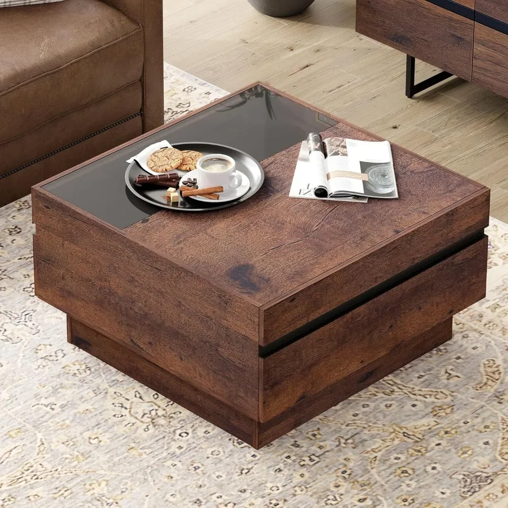 

31.5"DX31.5"WX17.5"H Coffee Table with Tempered Glass Top and Two Large Storage Drawers, Modern Square Living Room Coffee Table