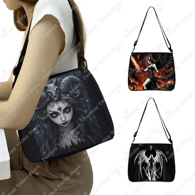 Gothic Black Angel Pattern Women Shoulder Bag Demon Punk Handbags for Travel Key Purse Phone Holder Messenger Bag Crossbody Bag