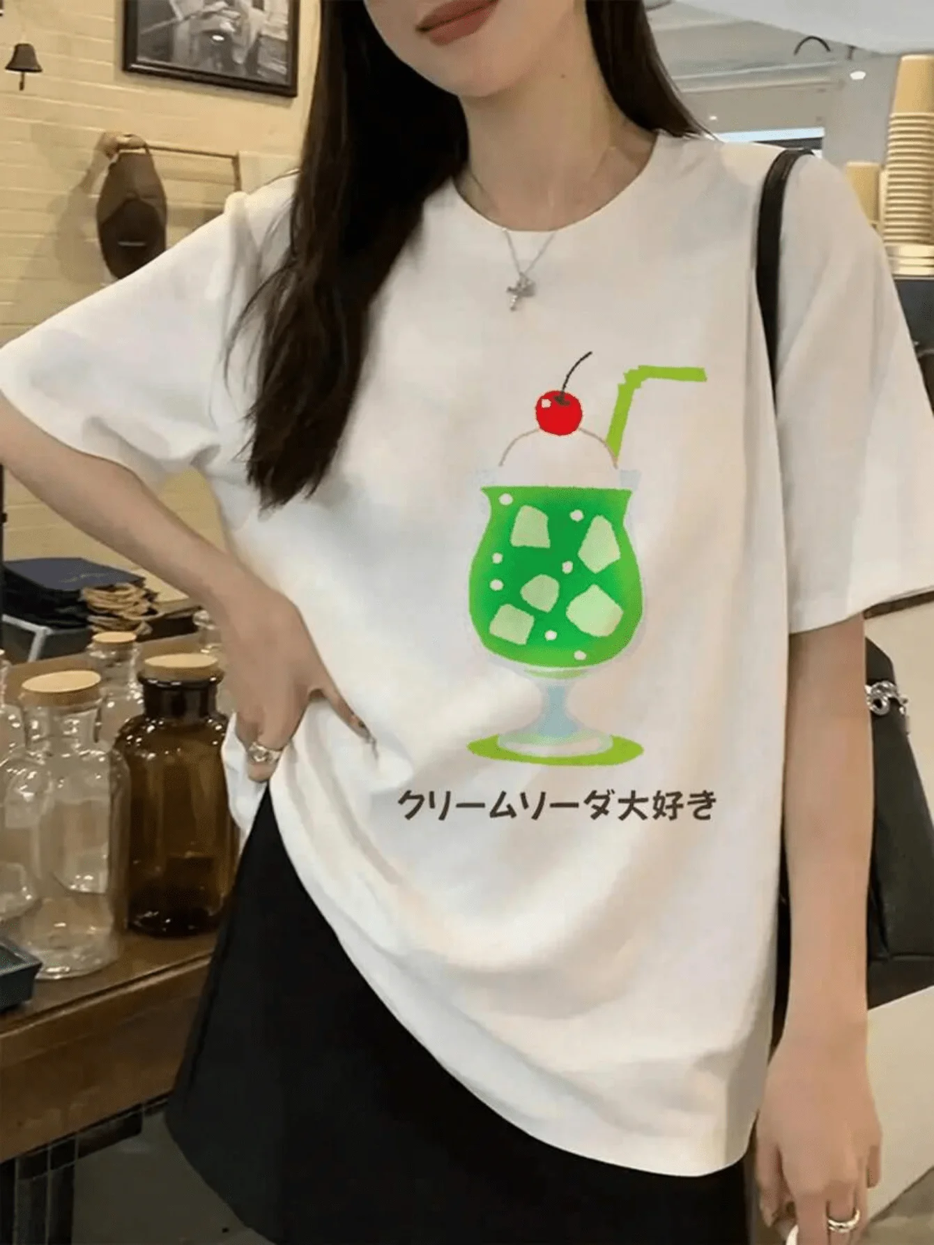 Camiseta estética japonesa con diseño de melón retro y refresco de soda, cuello redondo, manga corta, camiseta gráfica, top para mujer, ropa estética