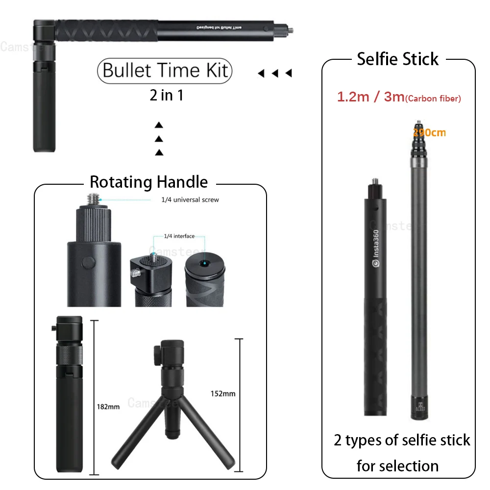 For Insta360 X3 /One X2 / Go2 GoPro Accessories 1.2m 3m Carbon Fiber Invisible Selfie Stick Bullet Time Rotating Handle Tripod