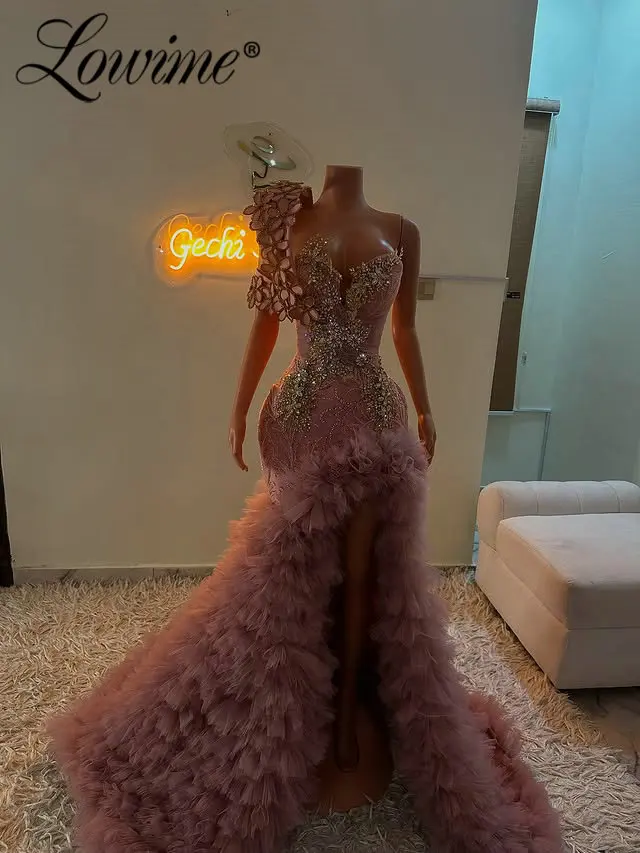 

Pink Long Prom Dresses with Side Slit Luxury Mermaid Black Girls 3D Flowers Beaded Rufflues African Evening Gowns Customized