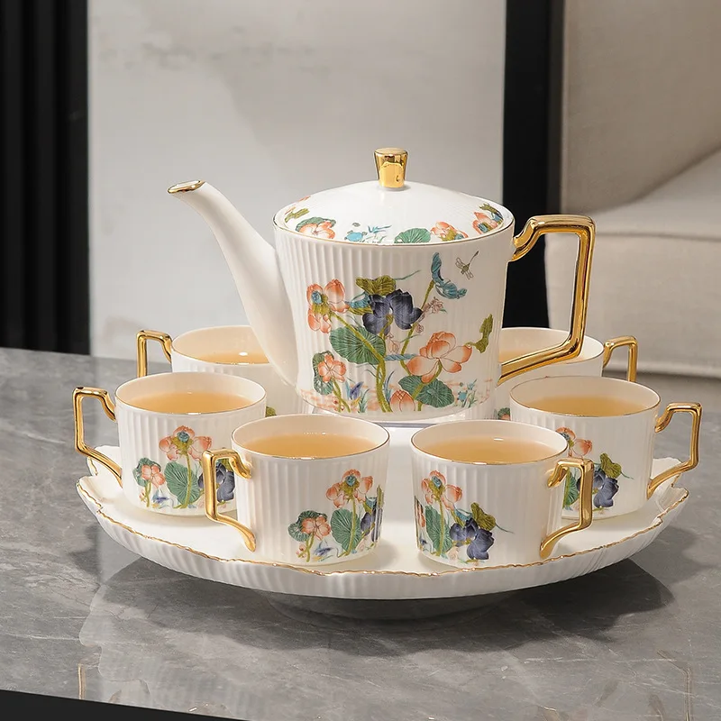 Chinese bone china rotatable water set living room light luxury high-end teapot tea cup set gift box cup set