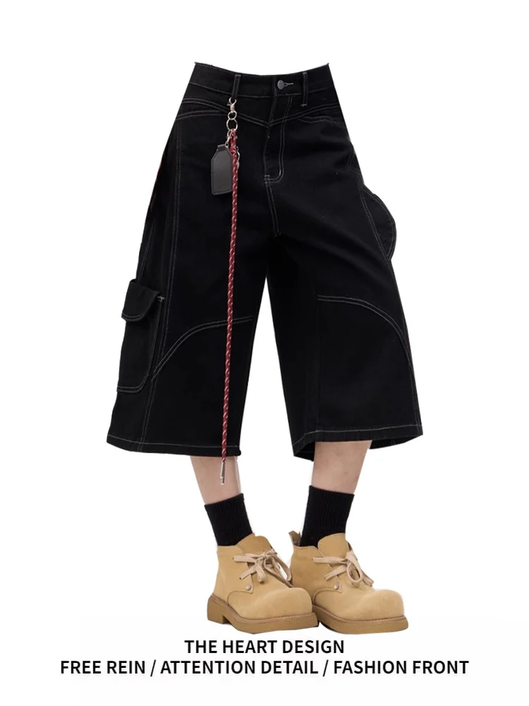 

Retro American Design Bla Denim orts Women Summer Trendy Loose Knife Wide Leg Seven-Foot Pants High Waist Jeans