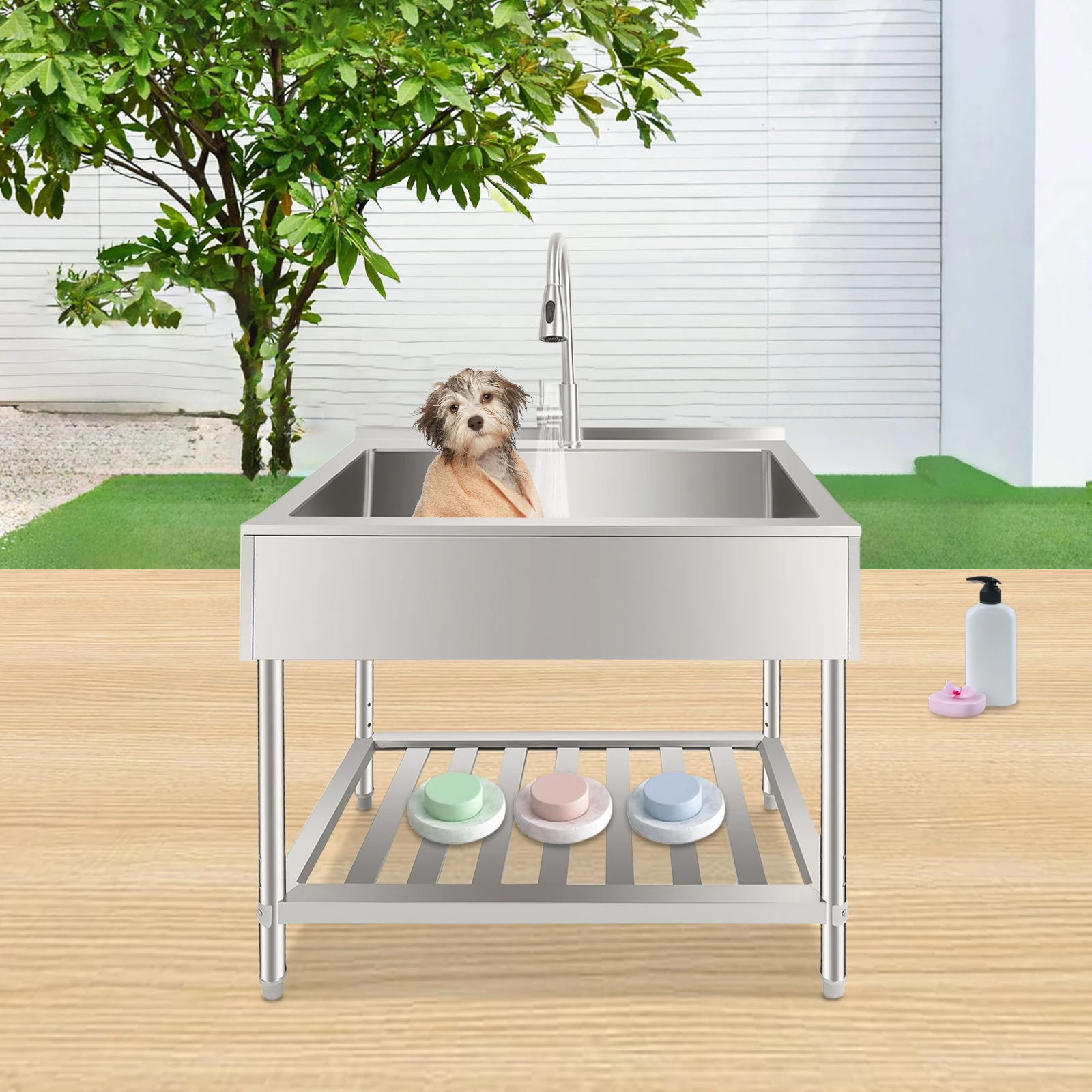 

НОВАЯ отдельно стоящая раковина 35,8*21,8*34,3 дюйма, одна чаша из нержавеющей стали с краном и стойкой для хранения кухонной утвари