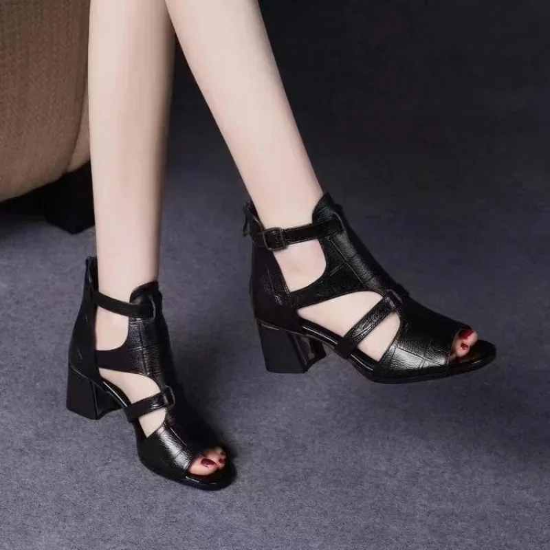 Women Sandals 2024 Summer Chunky High Heels Soild Gladiator Open Peep Toe Women Shoes Buckle Back Zipper Sandalias De Mujer