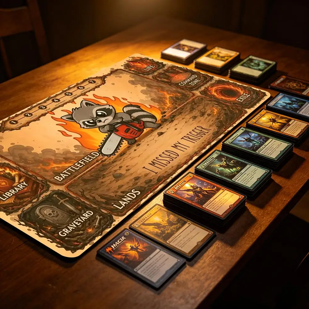 Funny Chainsaw Raccoon Large Gaming Desk Mat MTG Zoned Battlefield Library Graveyard Premium Non Slip Rubber TCG Playmat Gift